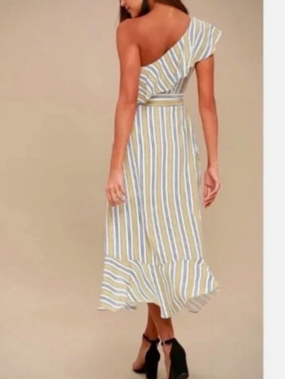 Lulus High Tide Yellow Striped One-Shoulder Midi Dress Medium - Picture 2 of 8